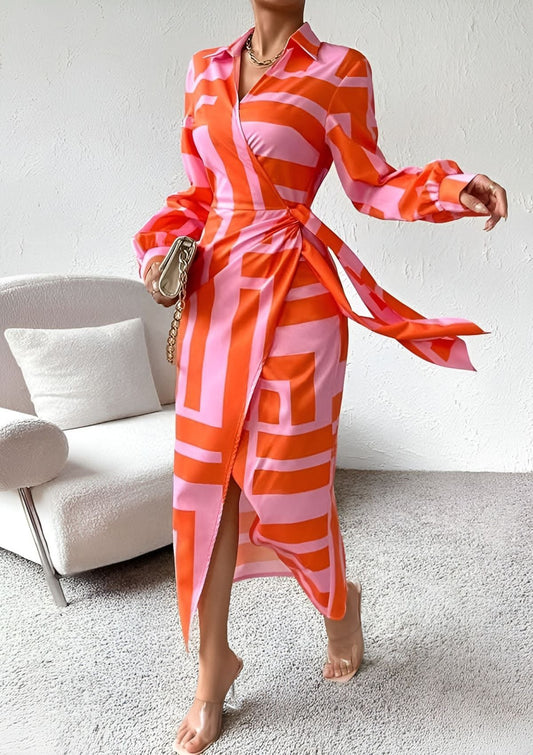 Robe Portefeuille Longue à Imprimé Géométrique pour Femme