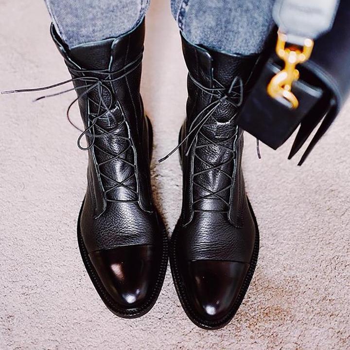 Botte Mi-Mollet à Lacets et Talon en Simili Cuir pour Femme - Emilia Lane