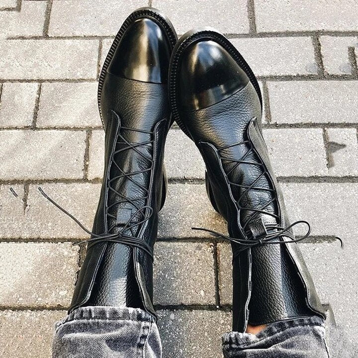 Botte Mi-Mollet à Lacets et Talon en Simili Cuir pour Femme - Emilia Lane