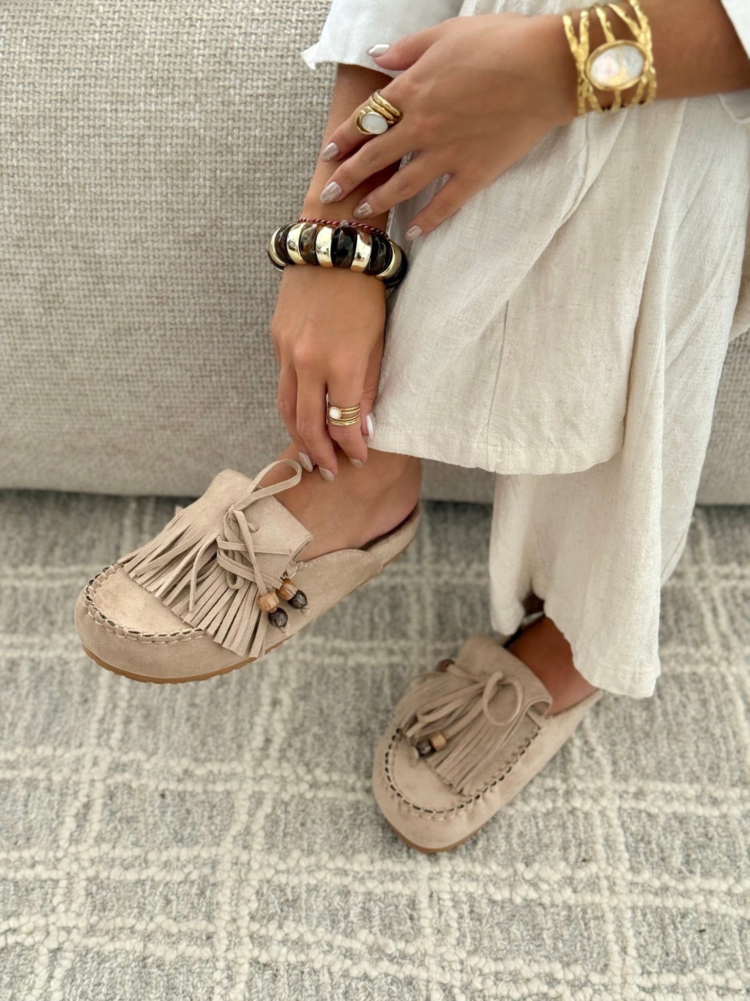 Mules Plates à Franges et Perles pour Femme - Emilia Lane