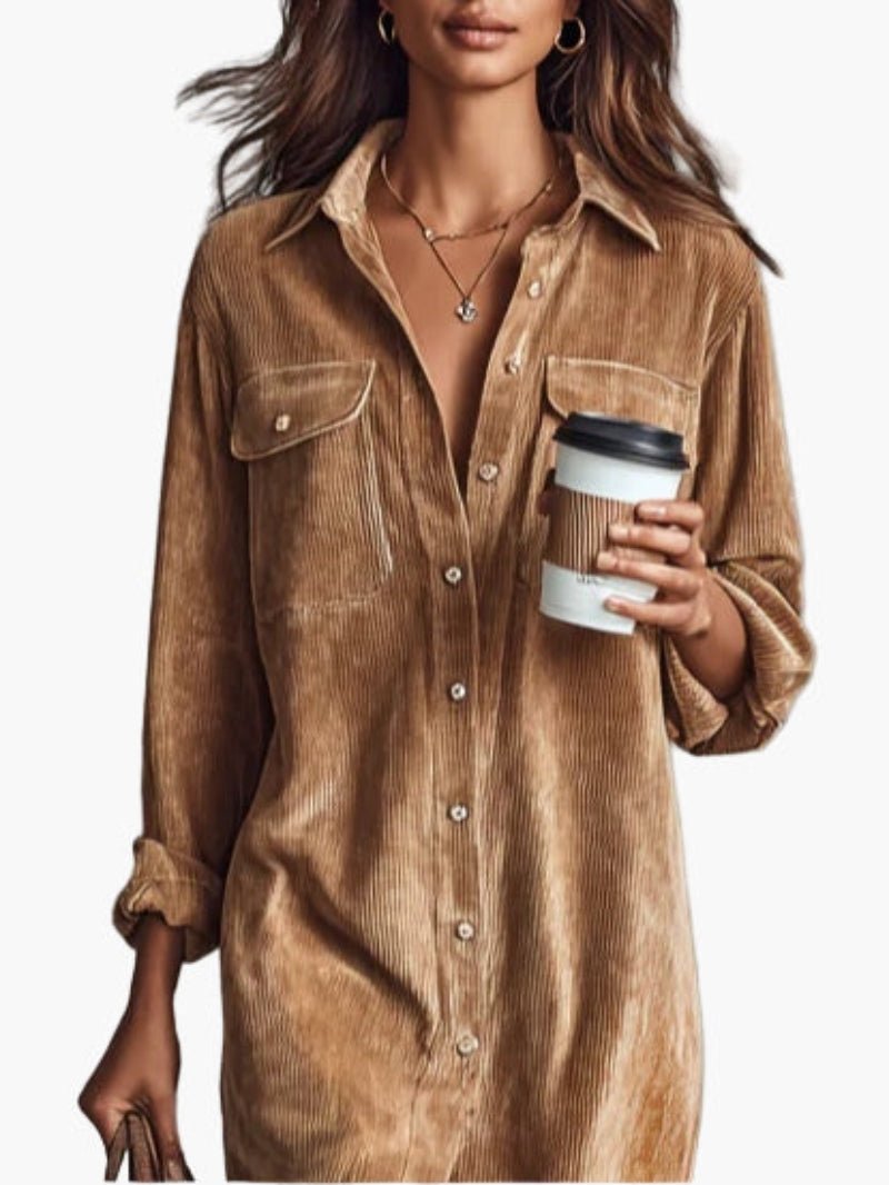 Robe Chemise en Velours Côtelé Mi - Longue pour Femme | Idéale pour le Quotidien - Emilia Lane