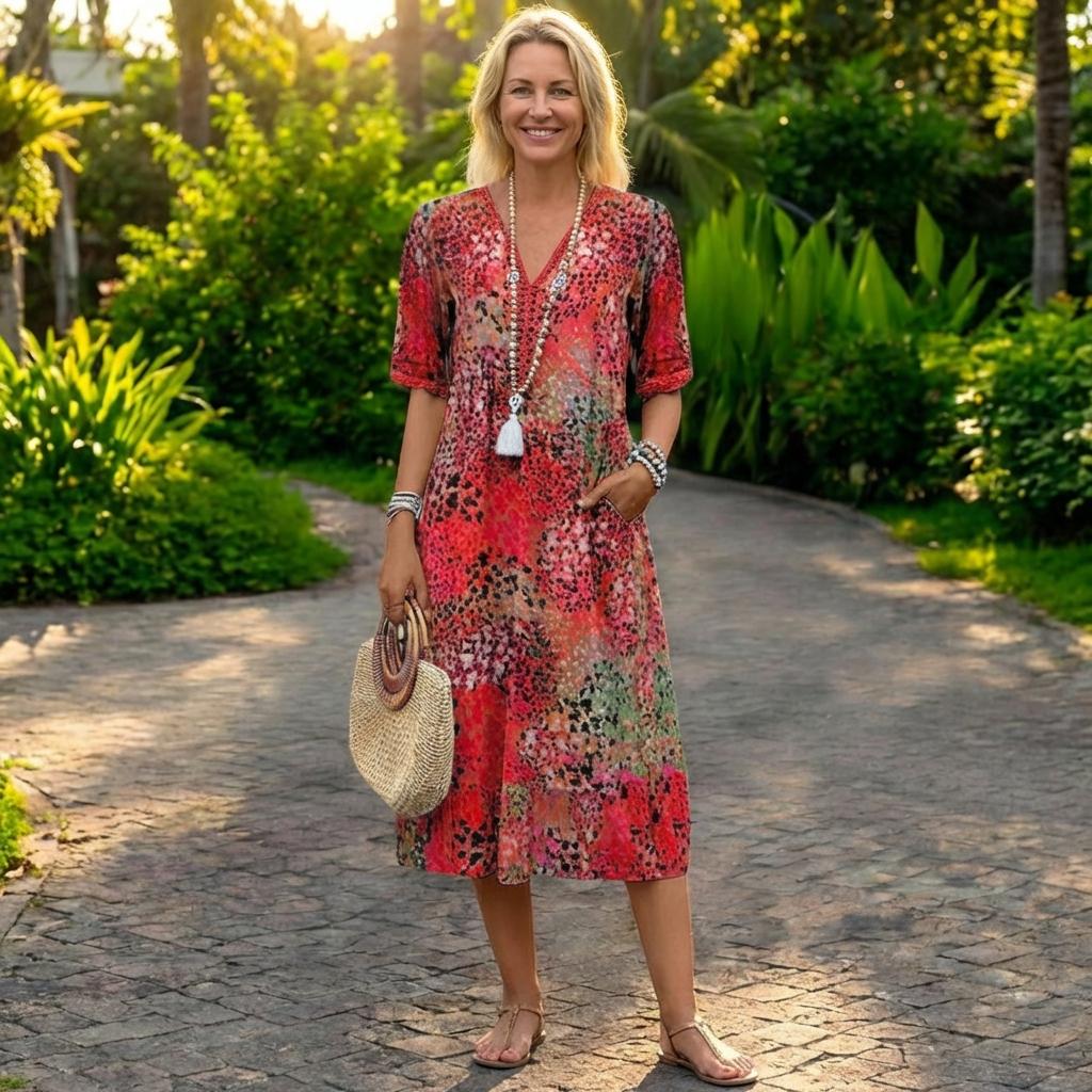Robe Longue à Manches Courtes et Encolure en V pour Femme | Idéale pour l'Été - Emilia Lane