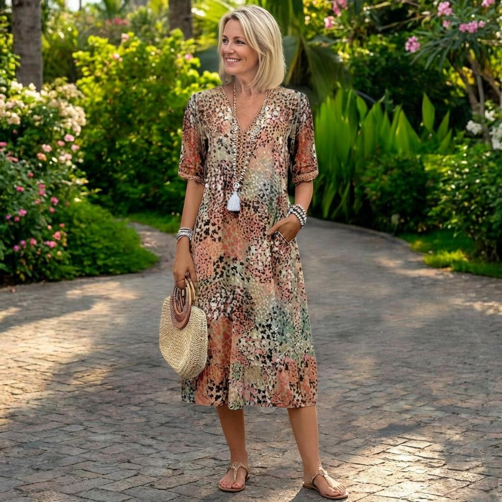 Robe Longue à Manches Courtes et Encolure en V pour Femme | Idéale pour l'Été - Emilia Lane
