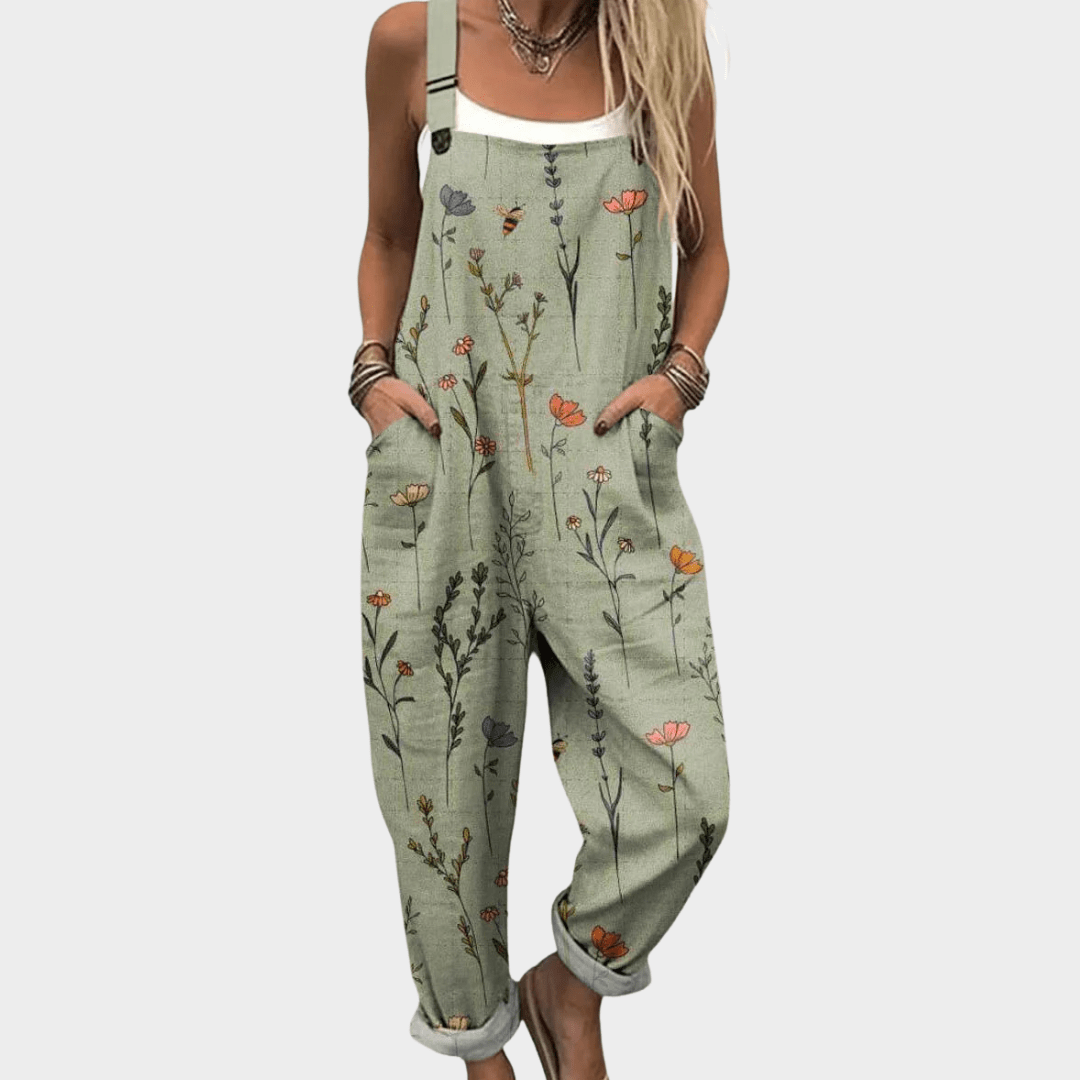Salopette Femme Ample à Imprimé Floral Vert avec Bretelles Réglables et Poches