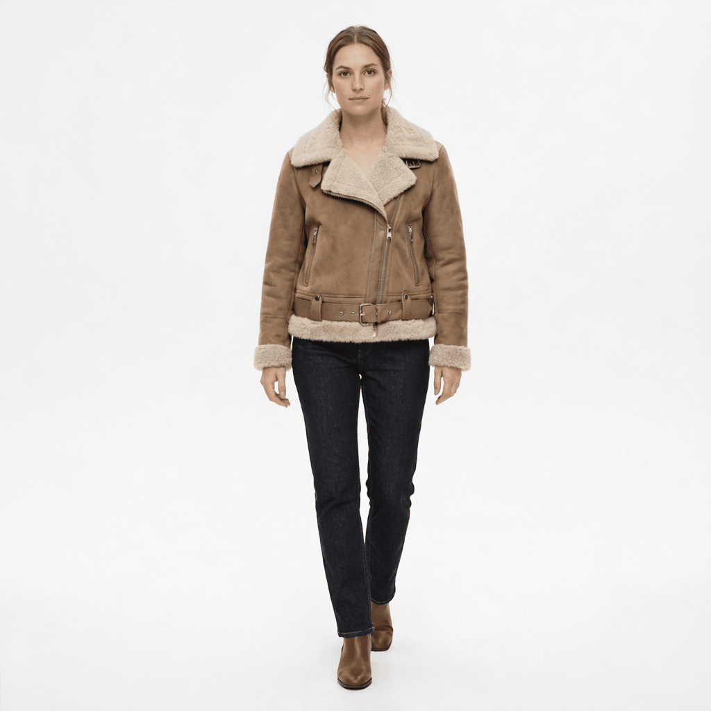 Veste Aviateur en Daim Coupe Ample avec Ceinture pour Femme - Emilia Lane