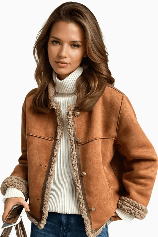 Veste Courte Structurée en Daim avec Bordures Effet Mouton pour Femme - Emilia Lane